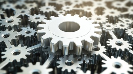 Large interconnected network of gears symbolizing corporate competition, with one oversized gear dominating the scene, representing antitrust concerns. Central gear with copy space for text.