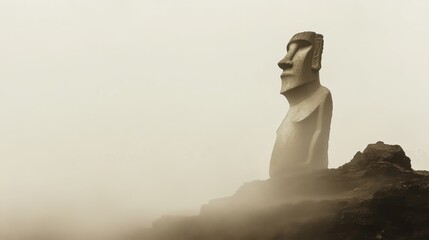 Mysterious Moai Statue in Foggy Atmosphere