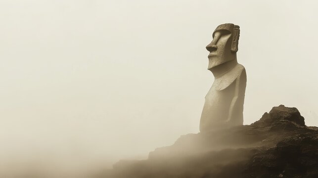 Mysterious Moai Statue in Foggy Atmosphere