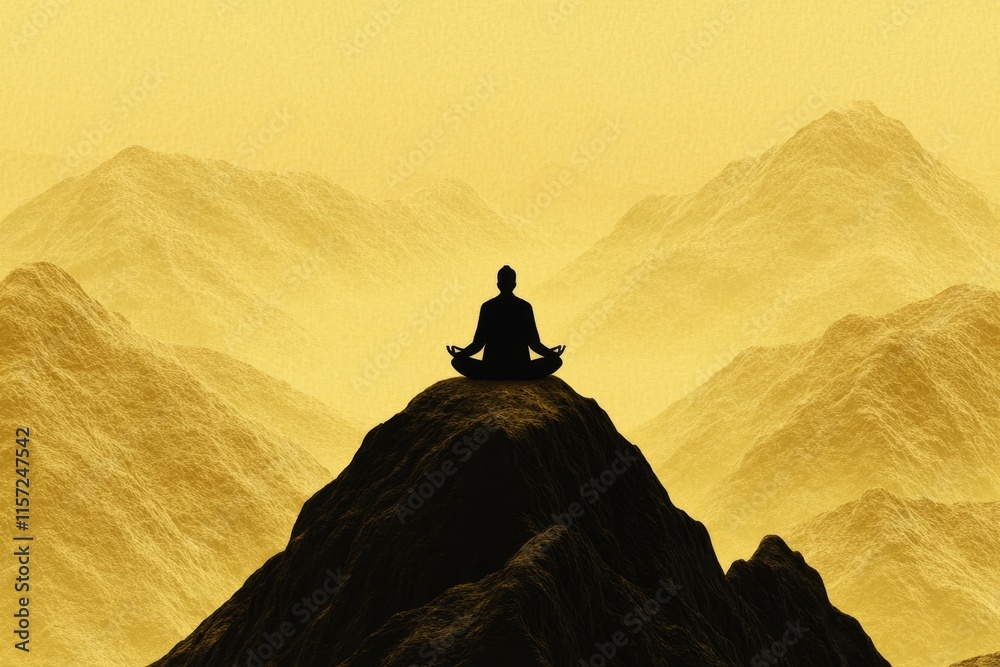 Poster a human meditating on a mountaintop, with clouds and golden light creating a serene atmosphere