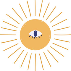Lovely cartoon esoteric sun with all seeing eye in the center and line radiant rays. Cute hand drawn magical and mystery symbol. Spiritual and tarot sunshine clipart isolated on white background.
