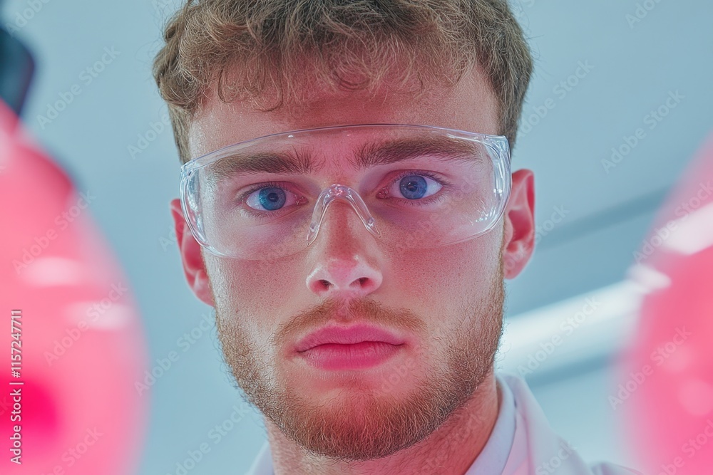 Poster A human scientist in a lab coat, examining a glowing sample under a microscope in a futuristic lab setting