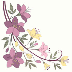 Fototapeta premium A vibrant botanical wedding frame featuring violet, pink, and yellow flowers, perfect for wedding invitations, decor, and photography projects.
