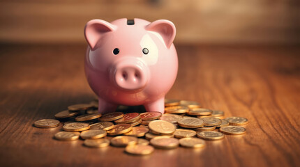 a pink piggy bank on gold coins