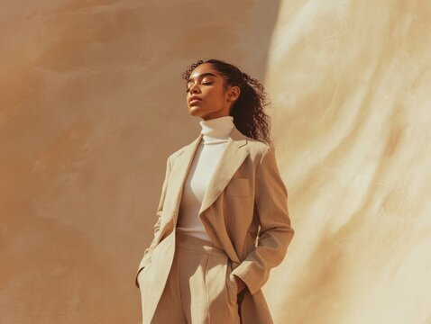 Fashion model posing with a trendy mocha mousse colored suit