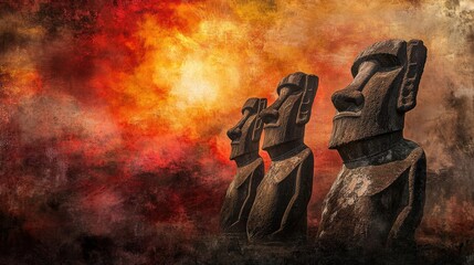 Majestic Moai Statues at Dramatic Sunrise