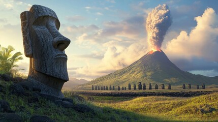 Moai Statue with Erupting Volcano in Background