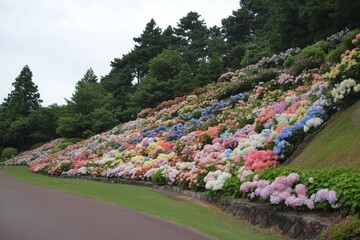 A hydrangea garden in full bloom, with rows of neatly arranged bushes in a rainbow of colors under soft overcast light