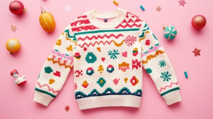 A Christmas sweater design for kids, featuring colorful patterns on a pastel background.