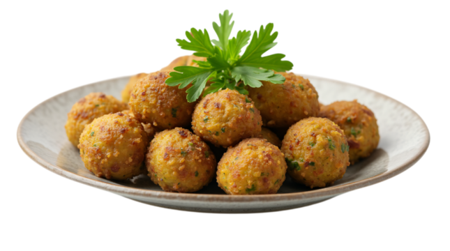 Falafel Balls Served on a White Plate, Isolated on a Transparent Background PNG.