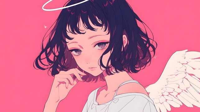 Portrait of a cute angel girl with black hair on a soft pink background, anime style