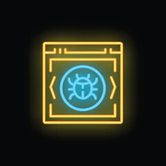 Vibrant neon icon depicting a bug inside a webpage, symbolizing a cyber attack and the need for online security