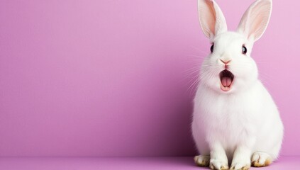 A joyful white rabbit is playfully sitting against a soft pink backdrop, embodying the vibrant spirit of the exciting Easter festivities and cheerful celebrations that accompany this special holiday