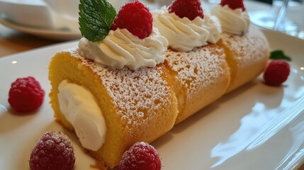 Slices of sponge cake roll served with a dollop of whipped cream and fresh raspberries.