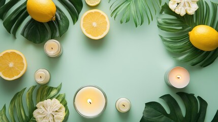 Fresh Citrus and Candles on Mint Background for Relaxing Atmosphere