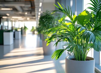 Obraz premium Green plant brightening modern office space with sunset light