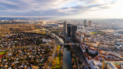 Vienna, Austria Aerial View: Sunset Over City Center and Canal. Top cinematic aerial view. 