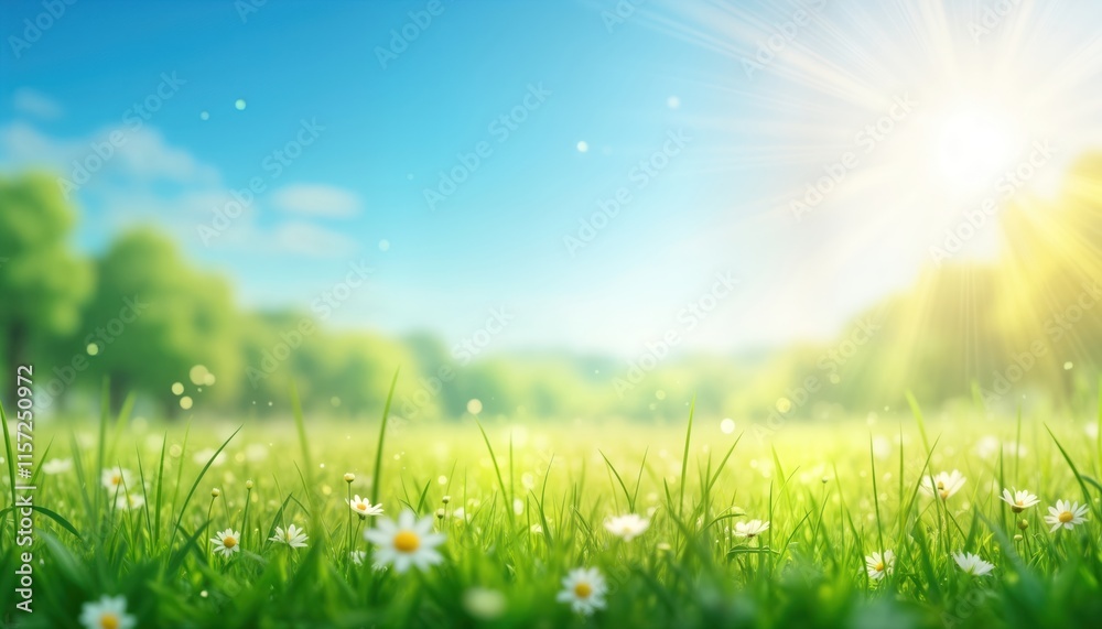 Wall mural sunny spring meadow with vibrant green grass, white daisies. blue sky with soft sunbeams. rich folia
