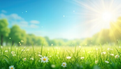Sunny spring meadow with vibrant green grass, white daisies. Blue sky with soft sunbeams. Rich foliage in background. Perfect backdrop for spring season, gardens, eco themes. Great nature photo for