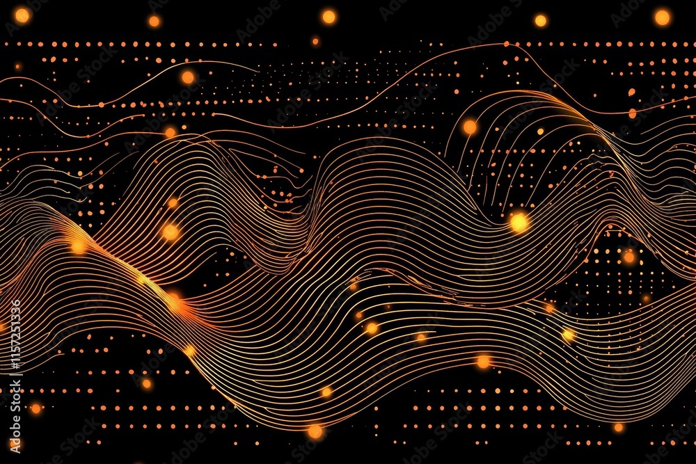 Poster dynamic golden wave patterns with glowing dots create an abstract design in a dark background showca