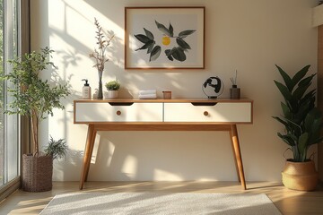 Minimalist entryway interior with cream-colored console table, wooden legs, framed artwork, potted plants, and decorative items. Bright poster above.