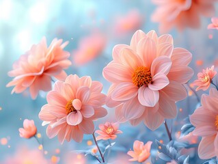 Delicate peach-colored flowers blooming in the garden against a pastel blue background with soft focus. 