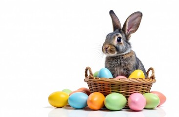 A cute bunny sits in a basket with Easter eggs around. white background. Place for text, congratulations. Happy Easter day concept and idea