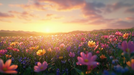 Fototapeta premium Vibrant Sunrise Over a Blooming Flower Field with Soft Light