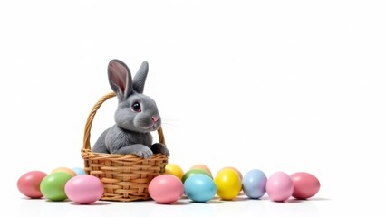 Fototapeta premium A cute bunny sits in a basket with Easter eggs around. white background. Place for text, congratulations. Happy Easter day concept and idea