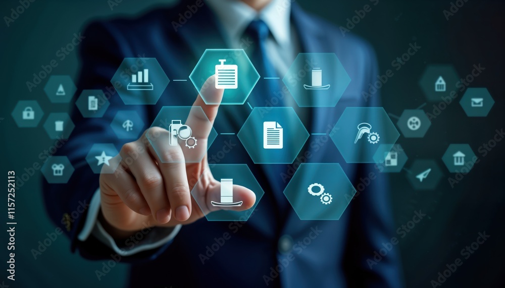 Aufkleber Businessman interacts with digital documents management system interface. Visual display shows various data management tools. Online tech solutions for company data handling. Modern business concepts