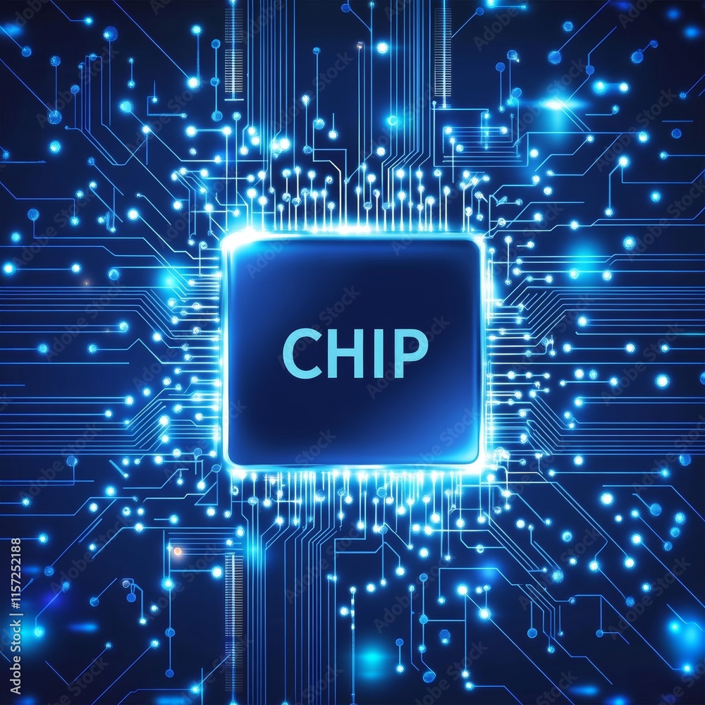 Poster visual representation of a computer chip surrounded by glowing circuitry and connections in a futuri