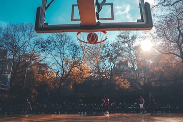 Basketball game ball in hoop