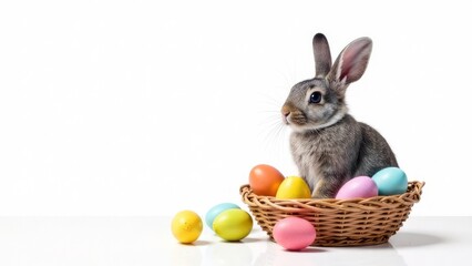 A cute bunny sits in a basket with Easter eggs around. white background. Place for text, congratulations. Happy Easter day concept and idea