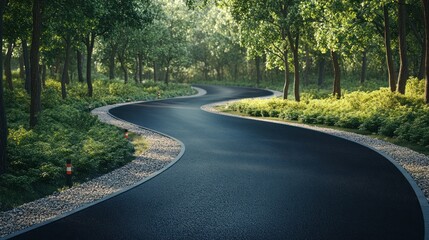 The new asphalt road winds through lush green forest, background wallpaper AI generated image
