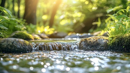 Fototapeta premium Serene Forest Stream with Gentle Water Flow and Green Foliage