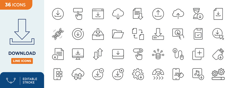 Download icon set. Containing upload, document, link, download file, folder, data and more. Outline Icon Collection. Vector illustration. Editable stroke	