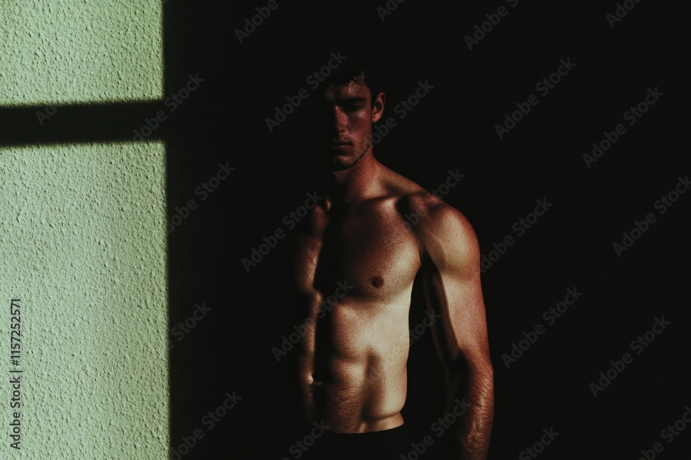 Poster a shadowy depiction of a human body standing in a dimly lit room, with sharp contrasts of light and 