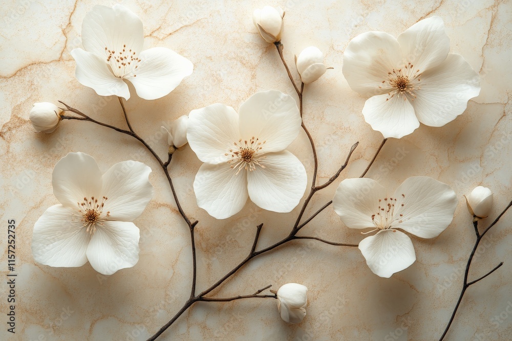 Poster a thin branch adorned with delicate white flowers and budding blossoms against a soft, textured back