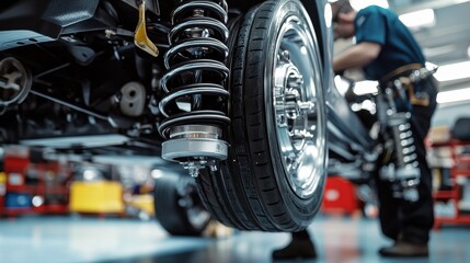 Fototapeta premium Extreme close-up of mechanic working on car s suspension system, undercarriage visible.