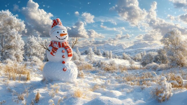 Snowman in a Winter Landscape Surrounded by Snow-Covered Trees and Mountains Under a Bright Blue Sky With Fluffy Clouds