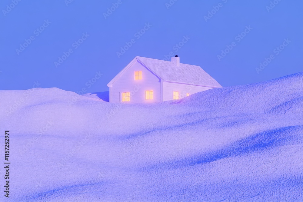 Aufkleber a simple geometric depiction of a snow-covered house with a chimney and glowing windows, set against