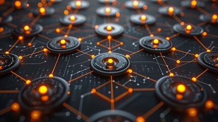 Abstract network connection, nodes, futuristic technology, digital data, circuit board, glowing orange lights, hexagonal pattern, complex system, interconnected, global network, technology background.