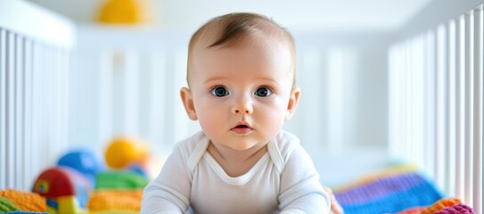 Adorable Baby Crouching on Colorful Playmat Surrounded by Toys in Bright Nursery Environment