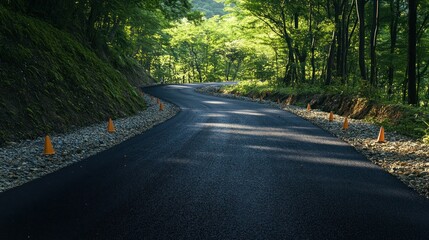 Obraz premium The new asphalt road winds through lush green forest, background wallpaper AI generated image