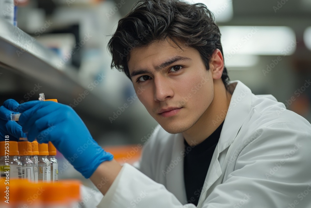 Poster this image shows a young researcher in a lab, handling samples with care and precision, illustrating