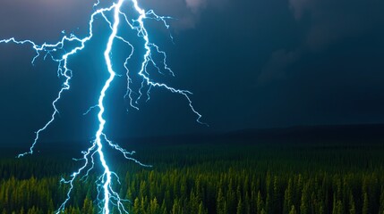 Dramatic Lightning Strike Over a Dense Forest Landscape at Night