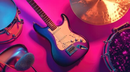 Naklejka premium Electric Guitar and Drums Arrangement with Colorful Lighting