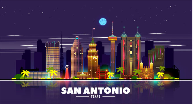 San Antonio vector night skyline. Business travel and tourism concept with modern buildings. Image for banner or web site.