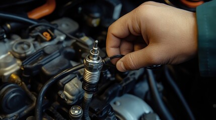 Fototapeta premium Macro shot of a mechanic s hand adjusting a spark plug wire, engine details visible.