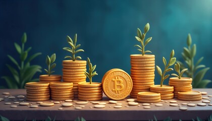 Stacks of golden coins show growing plants. Financial security, stable investments key ideas. Image represents growth, success. Crypto investment, digital asset growth illustrated. Strong financial